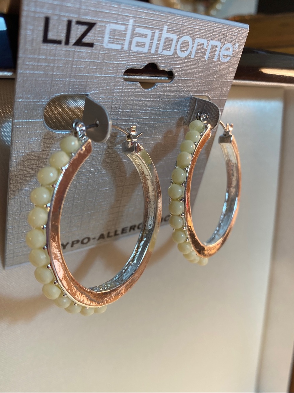 Liz Claiborne Silver Tone Beaded Hoop Earrings LC Logo NWT